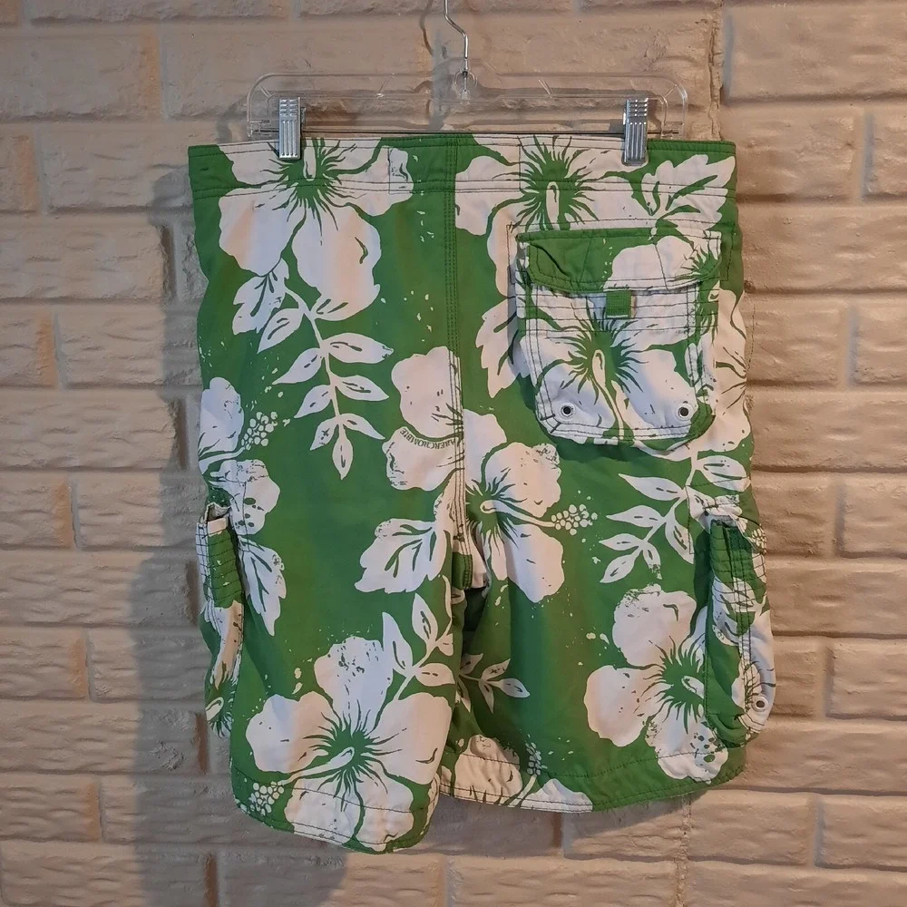 Vtg Abercrombie & Fitch Swim Trunks Mens 36? Green Hawaiian‎ Y2K Cargo Lined